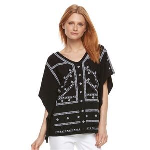 Dana Buchman Embroidered Black White Boho Stretch Blouse Top Women's Size Medium